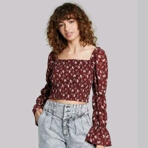 WOMENS Wild Fable Square Neck Smocked Top Burgundy Floral Size Small